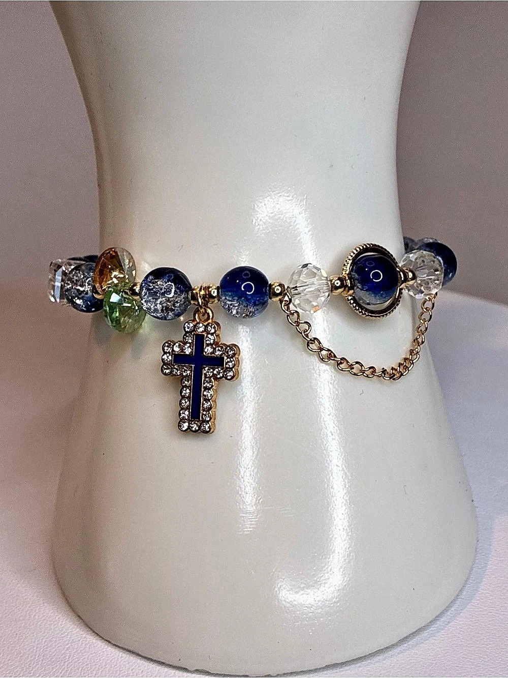 Blue & Clear Glass Beaded Cross Bracelet